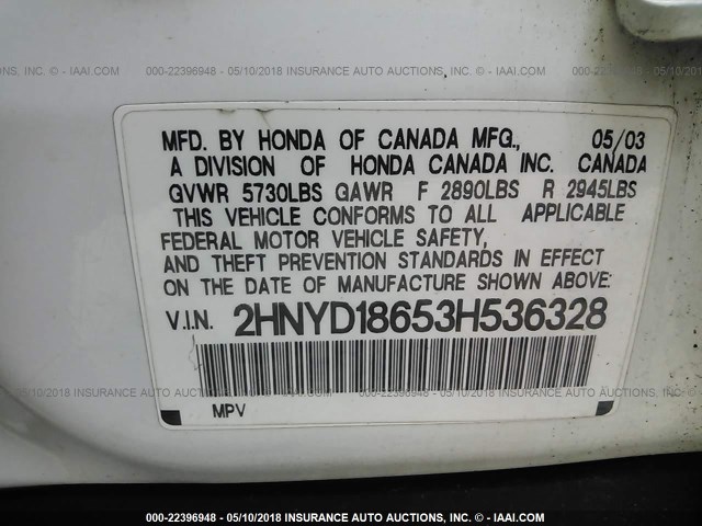 2HNYD18653H536328 - 2003 ACURA MDX TOURING WHITE photo 9