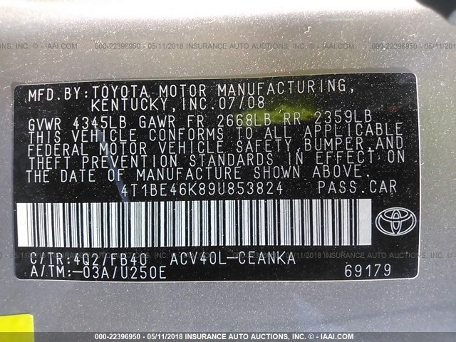 4T1BE46K89U853824 - 2009 TOYOTA CAMRY SE/LE/XLE 金色 照片 9