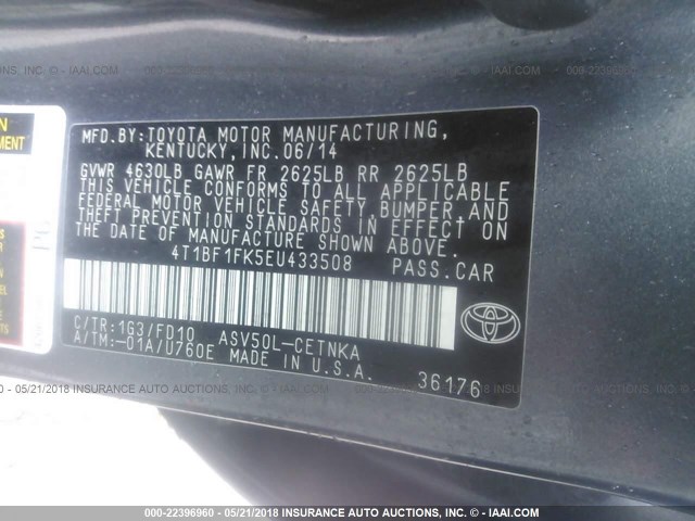 4T1BF1FK5EU433508 - 2014 TOYOTA CAMRY L/SE/LE/XLE Boz foto 9