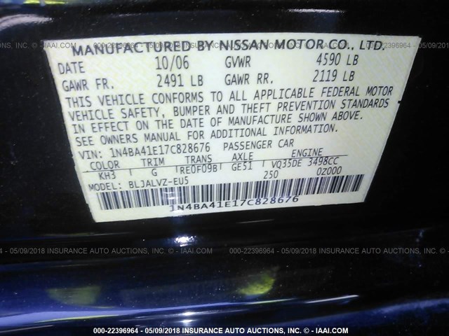 1N4BA41E17C828676 - 2007 NISSAN MAXIMA SE/SL BLACK photo 9