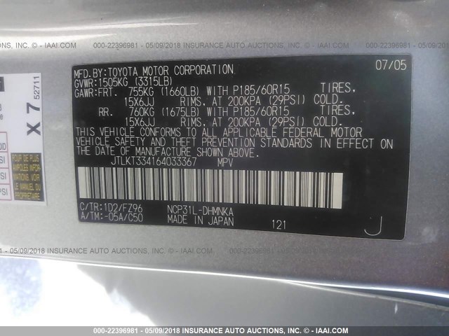 JTLKT334164033367 - 2006 TOYOTA SCION XB GRAY photo 9