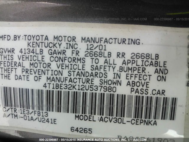 4T1BE32K12U537980 - 2002 TOYOTA CAMRY LE/XLE/SE ოქროსფერი ფოტო 9