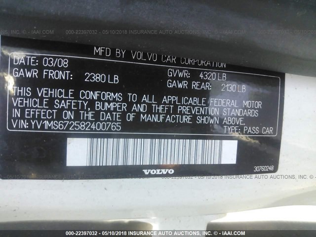 YV1MS672582400765 - 2008 VOLVO S40 T5 WHITE photo 9