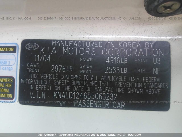 KNALD124655063232 - 2005 KIA AMANTI WHITE photo 9