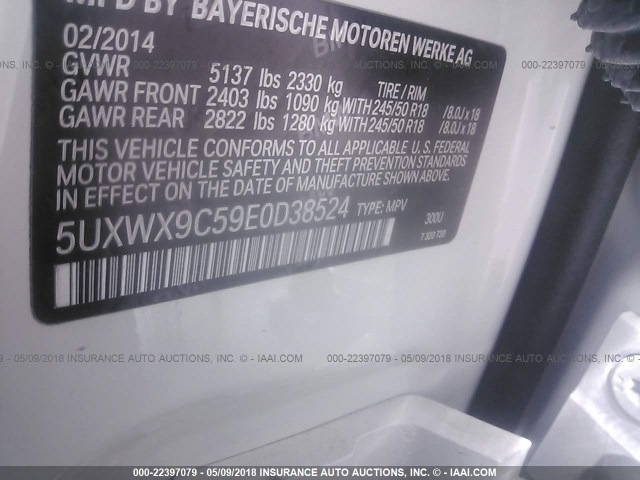 5UXWX9C59E0D38524 - 2014 BMW X3 XDRIVE28I WHITE photo 9