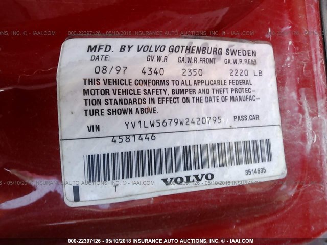 YV1LW5679W2420795 - 1998 VOLVO V70 GLT RED photo 9