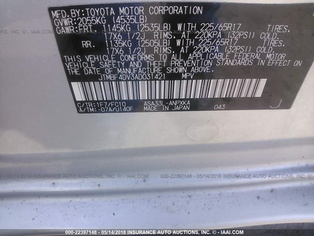 JTMBF4DV3AD031421 - 2010 TOYOTA RAV4 SILVER photo 9