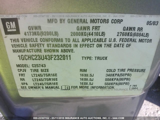 1GCHC23U43F232011 - 2003 CHEVROLET SILVERADO C2500 HEAVY DUTY TAN photo 9