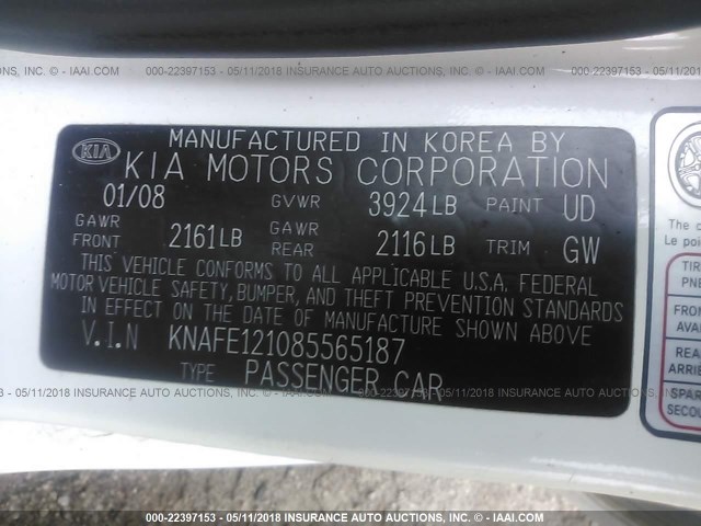 KNAFE121085565187 - 2008 KIA SPECTRA EX/LX/SX WHITE photo 9