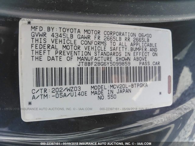 JT8BF28G6Y5099859 - 2000 LEXUS ES 300 BLACK photo 9