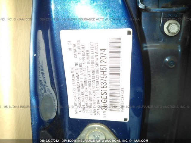 2HGES16375H512074 - 2005 HONDA CIVIC DX VP შავი ფოტო 9