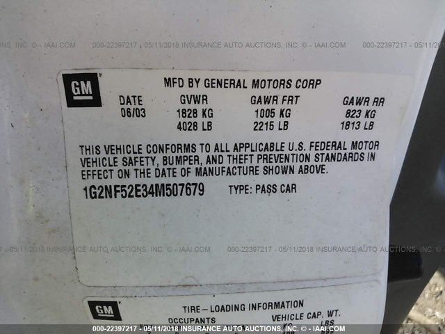 1G2NF52E34M507679 - 2004 PONTIAC GRAND AM SE1 WHITE photo 9