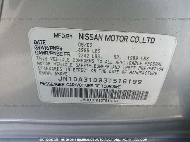 JN1DA31D93T516199 - 2003 NISSAN MAXIMA GLE/GXE/SE SILVER photo 9