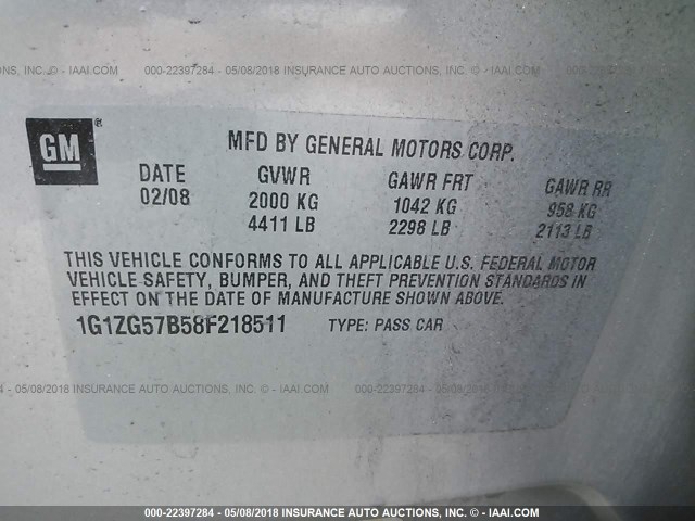 1G1ZG57B58F218511 - 2008 CHEVROLET MALIBU LS Gümüş foto 9