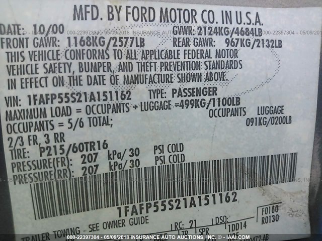 1FAFP55S21A151162 - 2001 FORD TAURUS SES BLUE photo 9