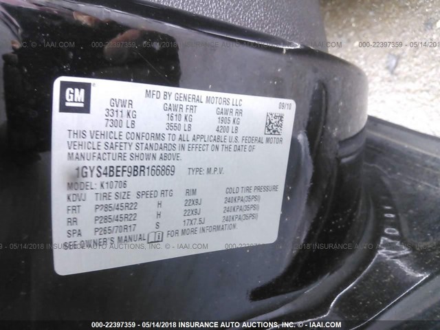 1GYS4BEF9BR166869 - 2011 CADILLAC ESCALADE LUXURY შავი ფოტო 9