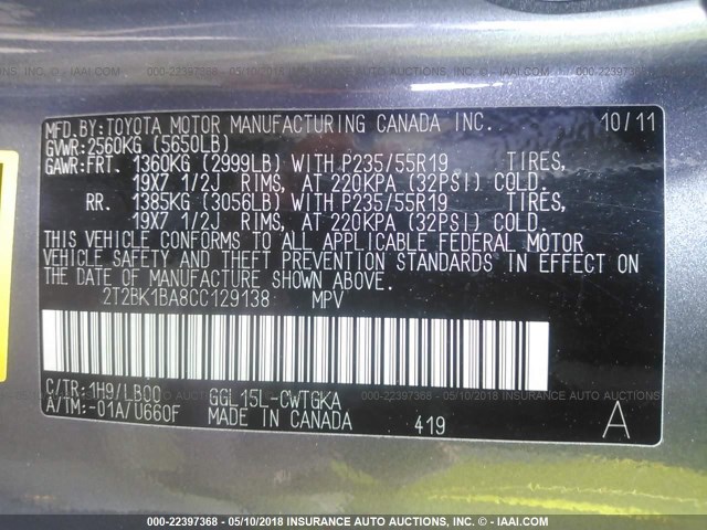 2T2BK1BA8CC129138 - 2012 LEXUS RX 350 SILVER photo 9