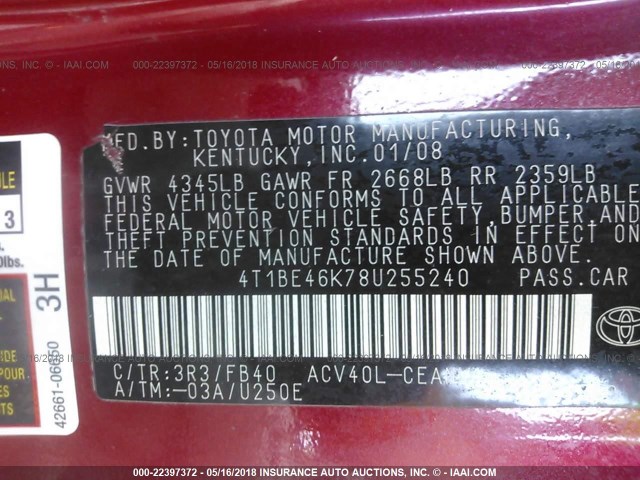 4T1BE46K78U255240 - 2008 TOYOTA CAMRY CE/LE/XLE/SE RED photo 9
