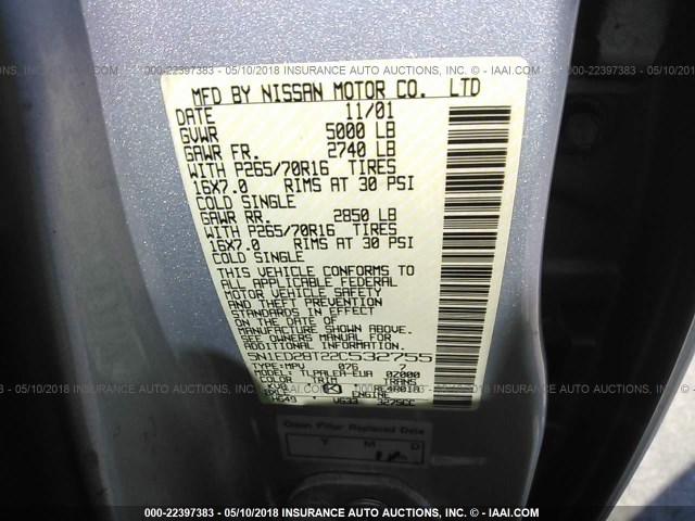 5N1ED28T22C532755 - 2002 NISSAN XTERRA XE/SE SILVER photo 9