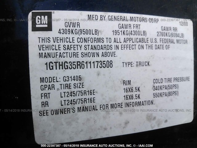 1GTHG35R611173508 - 2001 GMC SAVANA G3500 BLUE photo 9