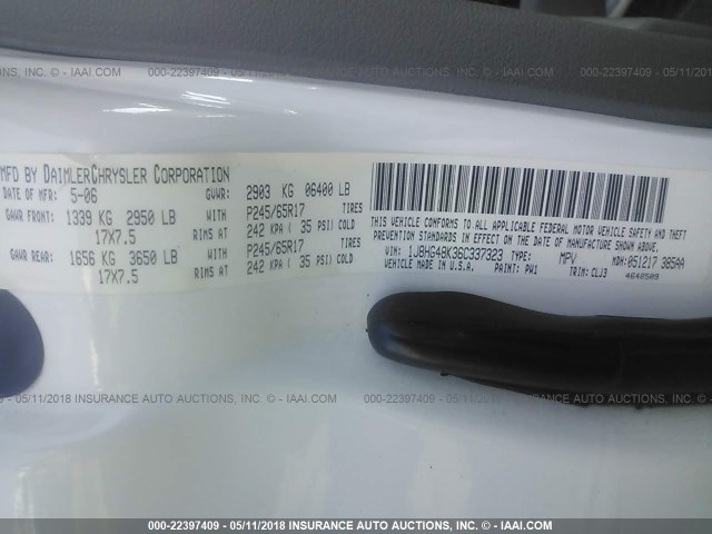 1J8HG48K36C337323 - 2006 JEEP COMMANDER WHITE photo 9