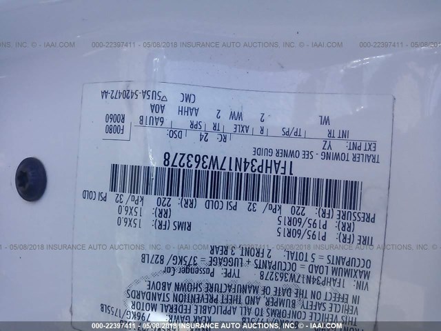 1FAHP34N17W363278 - 2007 FORD FOCUS ZX4/S/SE/SES 白色 照片 9