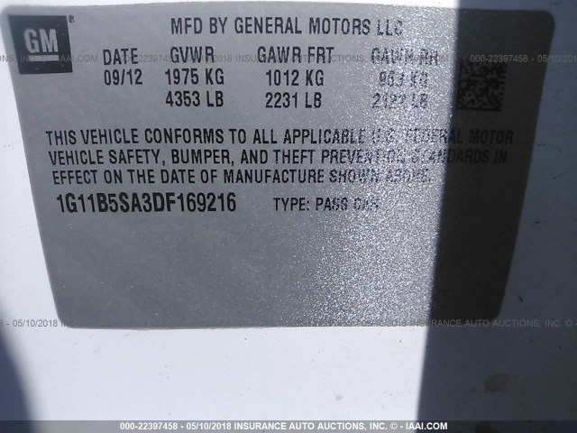 1G11B5SA3DF169216 - 2013 CHEVROLET MALIBU LS 白色 照片 9