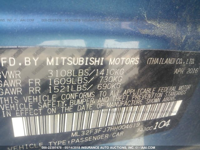 ML32F3FJ7HH004619 - 2017 MITSUBISHI MIRAGE G4 ES ლურჯი ფოტო 9