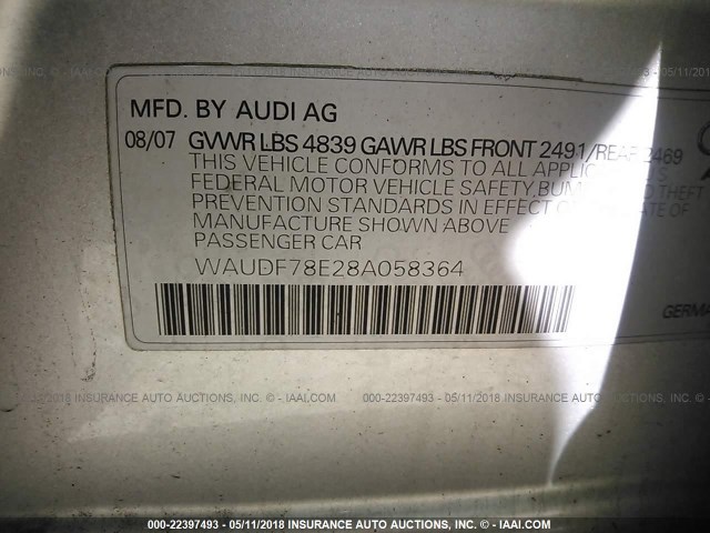 WAUDF78E28A058364 - 2008 AUDI A4 2.0T QUATTRO SILVER photo 9