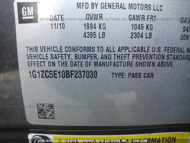 1G1ZC5E10BF237030 - 2011 CHEVROLET MALIBU 1LT ნაცრისფერი ფოტო 9