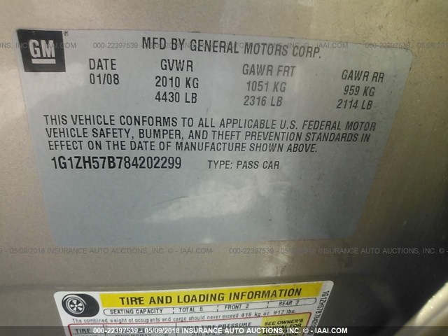 1G1ZH57B784202299 - 2008 CHEVROLET MALIBU 1LT GOLD photo 9