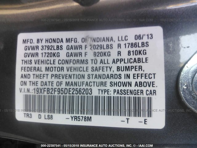 19XFB2F95DE256203 - 2013 HONDA CIVIC EXL 灰色 照片 9