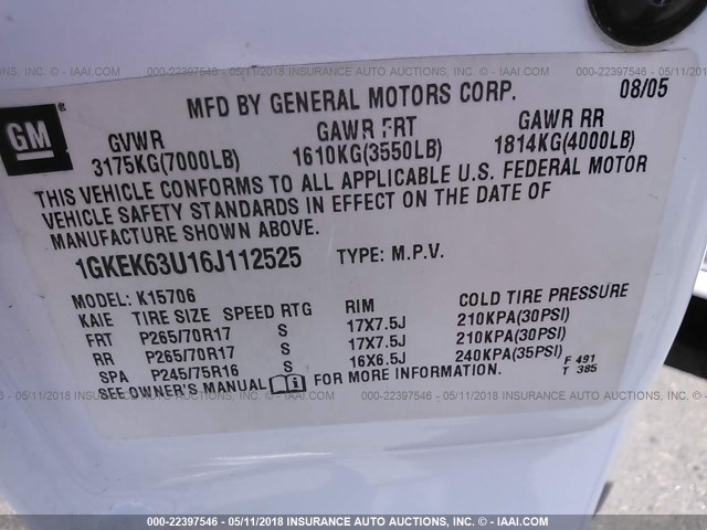 1GKEK63U16J112525 - 2006 GMC YUKON DENALI WHITE photo 9