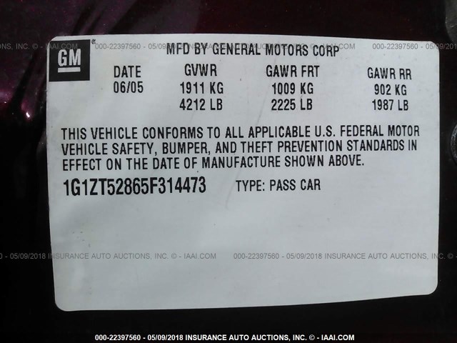 1G1ZT52865F314473 - 2005 CHEVROLET MALIBU LS ბურგუნდია ფოტო 9