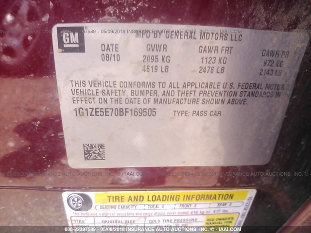 1G1ZE5E70BF169505 - 2011 CHEVROLET MALIBU LTZ 红色 照片 9