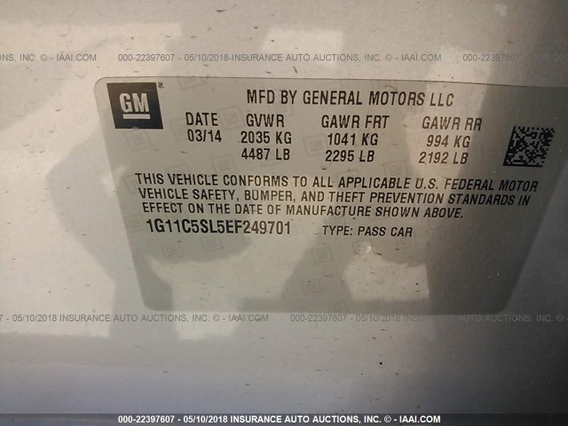 1G11C5SL5EF249701 - 2014 CHEVROLET MALIBU 1LT 银色 照片 9