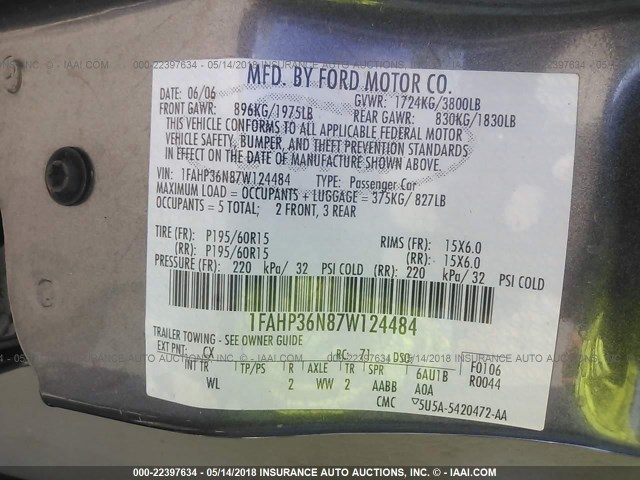 1FAHP36N87W124484 - 2007 FORD FOCUS ZXW/S/SE/SES GRAY photo 9