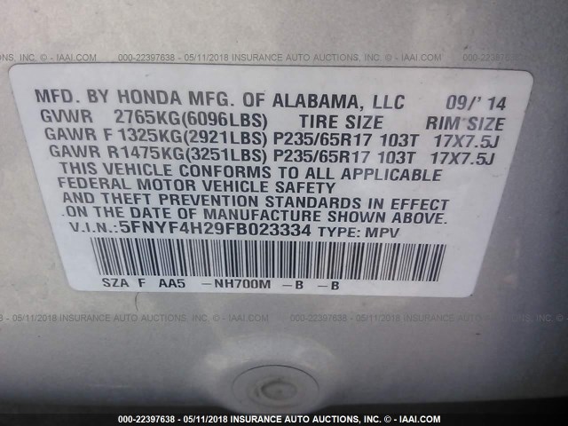 5FNYF4H29FB023334 - 2015 HONDA PILOT LX SILVER photo 9