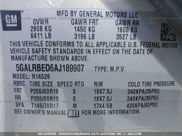 5GALRBED6AJ189907 - 2010 BUICK ENCLAVE CXL 香槟色 照片 9