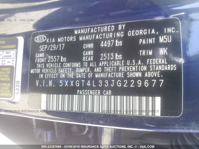 5XXGT4L33JG229677 - 2018 KIA OPTIMA LX/S BLUE photo 9