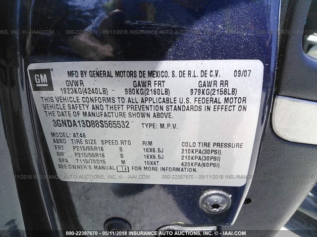 3GNDA13D88S565532 - 2008 CHEVROLET HHR LS BLACK photo 9