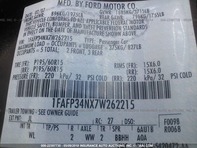 1FAFP34NX7W262215 - 2007 FORD FOCUS ZX4/S/SE/SES 紫色 照片 9