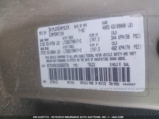3D7KA28CX3G858730 - 2003 DODGE RAM 2500 ST/SLT 香槟色 照片 9