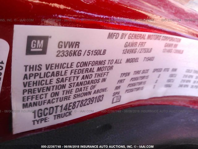 1GCDT14E878239103 - 2007 CHEVROLET COLORADO RED photo 9