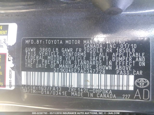 2T1KU4EE7AC347728 - 2010 TOYOTA COROLLA MATRIX  GRAY photo 9