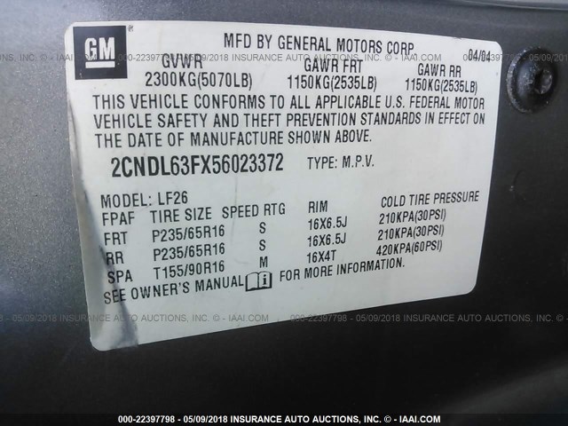 2CNDL63FX56023372 - 2005 CHEVROLET EQUINOX LT GRAY photo 9