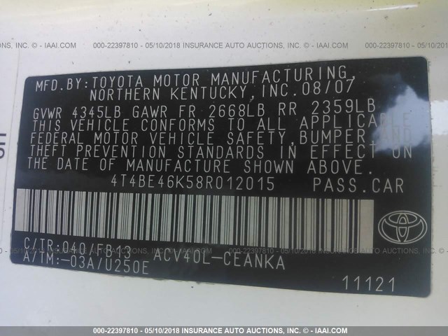 4T4BE46K58R012015 - 2008 TOYOTA CAMRY CE/LE/XLE/SE WHITE photo 9