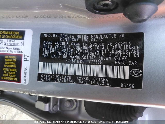 4T1BF1FK6HU777336 - 2017 TOYOTA CAMRY LE/XLE/SE/XSE SILVER photo 9