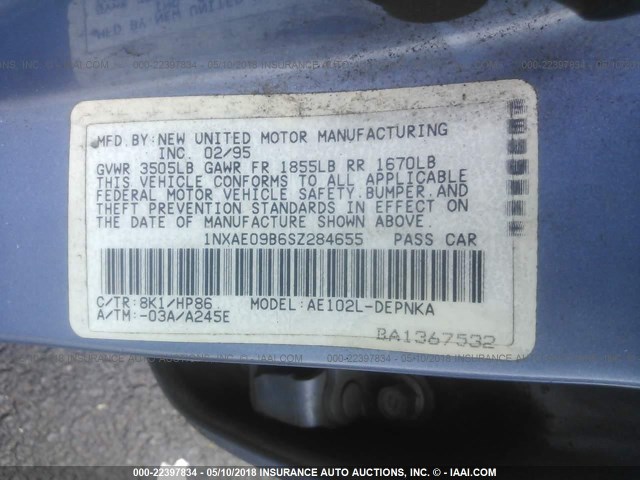 1NXAE09B6SZ284655 - 1995 TOYOTA COROLLA LE/DX 蓝色 照片 9