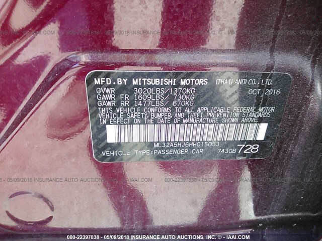 ML32A5HJ6HH015053 - 2017 MITSUBISHI MIRAGE GT MAROON photo 9